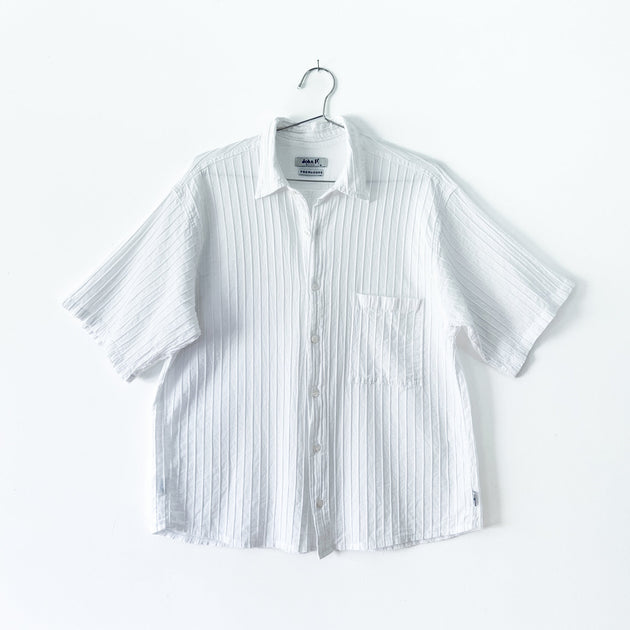 John P. Button-up Short Sleeve Cotton Shirt in White Pintuck (Made in  Greece)