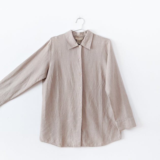 FLAX by Jeanne Engelhart Woman's Button Closure Long Sleeve Shirts-100%  Linen-beige White Striped-size M 