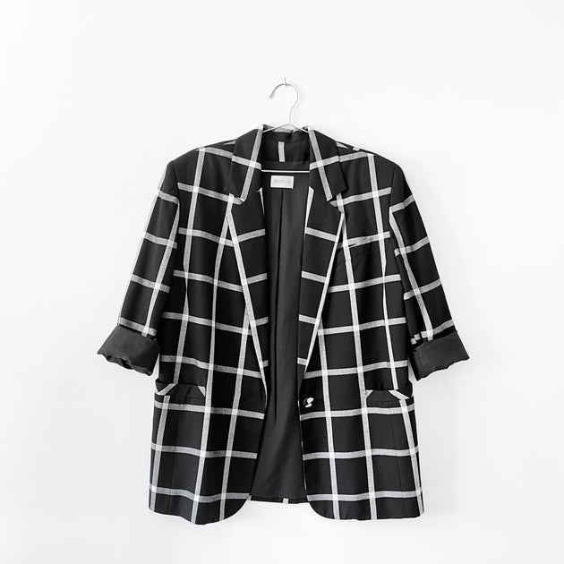Vintage Bianca Blazer Black White Windowpane Fold and Fray