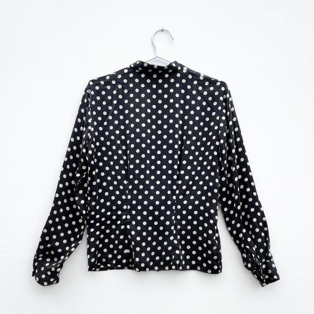 Back of Vintage Silk Zip-up Blouse, Tracy M. 100% Silk, Black and Cream Polka-Dot Shirt, Jacket. Womens Medium, Vintage Clothing.