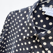 Vintage Tracy M Silk Shirt. Womens Medium. Close-up of Zipper, Collar, and Black and Cream Polka Dot Silk Fabric.