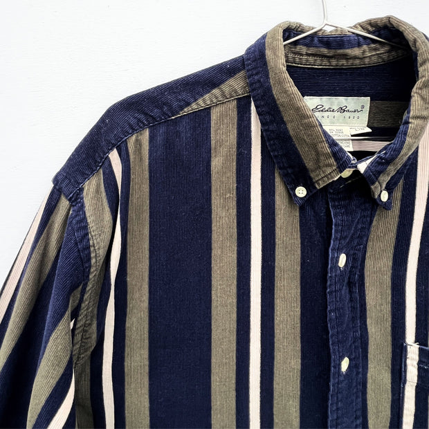 Eddie Bauer Mens Striped Button-up Shirt. Close up of Navy, Olive Green, Narrow Cream Vertical Stripe Flannel Corduroy.