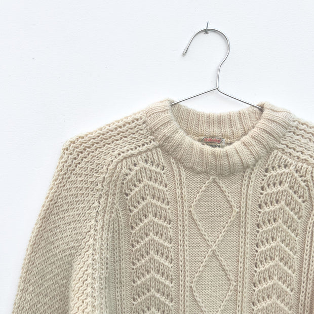 Close up of Crew Neck and Knit Diamond Pattern on Vintage St. Michael 100% Wool Fisherman Sweater, Aran-Style Wool Sweater.