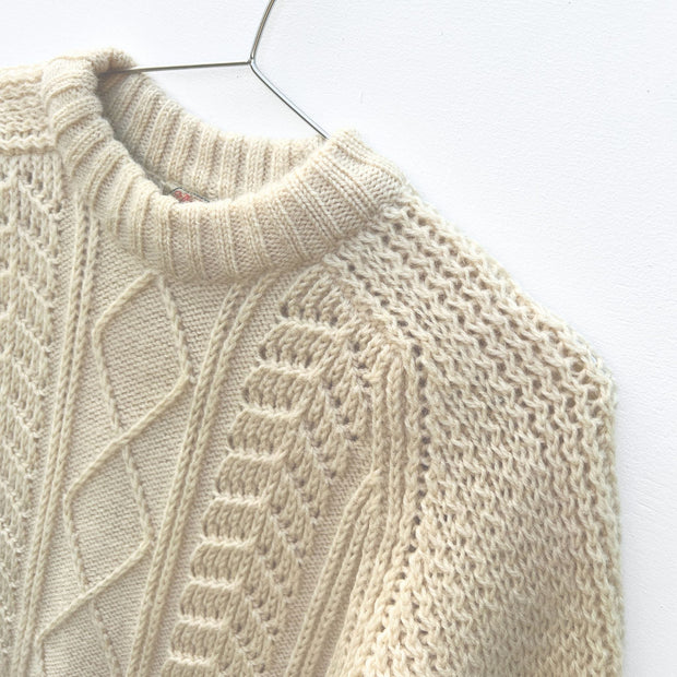 Close up of Shoulder and Textured Knit on Vintage St. Michael 100% Wool Fisherman Sweater, Aran-Style Wool Sweater.