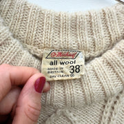 Vintage Label Tag and Cream Knit on St. Michaels Wool Sweater: All Wool, Made in Britain, 38”, Dry Clea Only. Fold and Fray in Canada.