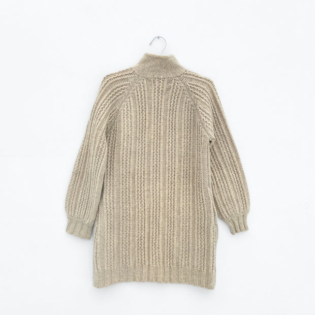 Back of Vintage Spanner Beige Wool Cardigan Sweater, Zip-up Front. Long Fit Over Hips, Mock Neck, Womens Medium, Canada.