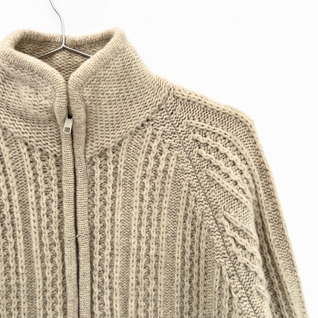 Close up of Wool Knit on Beige Vintage Wool Sweater. European Designed, Vintage Spanner, Womens Medium. Fold and Fray Canada.