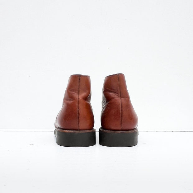 Back view of Lace-up Mahogany Brown Polo by Ralph Lauren Leather Chukka Desert Boots, Men’s Size 12, Brown Sole.