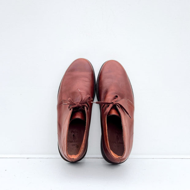 Top view of Polo by Ralph Lauren Brown Leather Chukka Desert Boots, Men’s Size 12, Mahogany Brown Leather, 2 Eyelet.