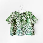 Linen Massimo Dutti Leaf Print Shirt, Short Sleeve Top, Cream Background Green Palm Leaves. Women’s 10.