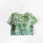 Linen Massimo Dutti Leaf Print Shirt, Short Sleeve Top, Cream Background Green Leaves, Hidden Back Zipper. Women’s 10.