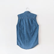 Back of Vintage Levi's blue denim straight fit button-up sleeveless shirt. Gold stitching, collar and back yoke. Secondhand Levis from Fold and Fray in Canada.