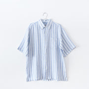 Harry Rosen XL blue/white vertical stripe linen short sleeve button-down shirt. Second hand from Fold and Fray.