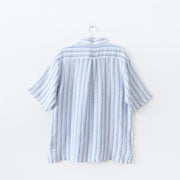 Harry Rosen XL blue/white vertical stripe linen short sleeve button-down shirt. Second hand from Fold and Fray. Back View.