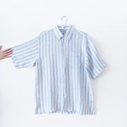 Harry Rosen XL blue/white vertical stripe linen short sleeve button-down shirt. Sleeve Width. Fold and Fray.