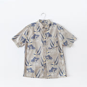 Beige Croft & Barrow Button-up Short Sleeve Shirt with Large Dark Blue Boats and Palm Trees. Size Medium. Fold and Fray.