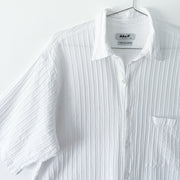 John P. White Button-up Short Sleeve Shirt, Bambaki Cotton, Made in Greece, Fabric with Vertical Ribbed Stripes.