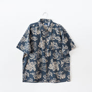 725 Originals Vintage 90’s Button-up Short Sleeve Hawaiian Shirt. Blue/Grey with Cream Tropical Print. Men’s Large. Canada.