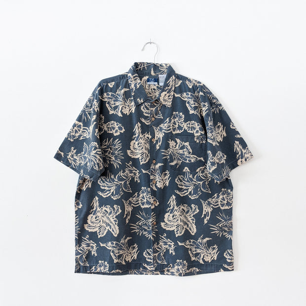 725 Originals Vintage 90’s Button-up Short Sleeve Hawaiian Shirt. Blue/Grey with Cream Tropical Print. Men’s Large. Canada.