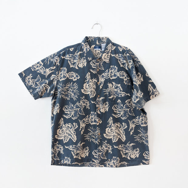 725 Originals Vintage 90’s Hawaiian Shirt Button-up Short Sleeve. Blue/Grey with Cream Tropical Print. Men’s Large.