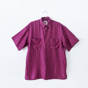 Vintage Reputation Silk Button-up Short Sleeve Shirt in Purple/Plum. Two Chest Pockets, Monochrome Buttons, Collar. Medium.