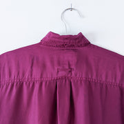 Vintage Reputation Silk Button-up Short Sleeve Shirt in Purple/Plum. Back Yoke Close-up with Loop.