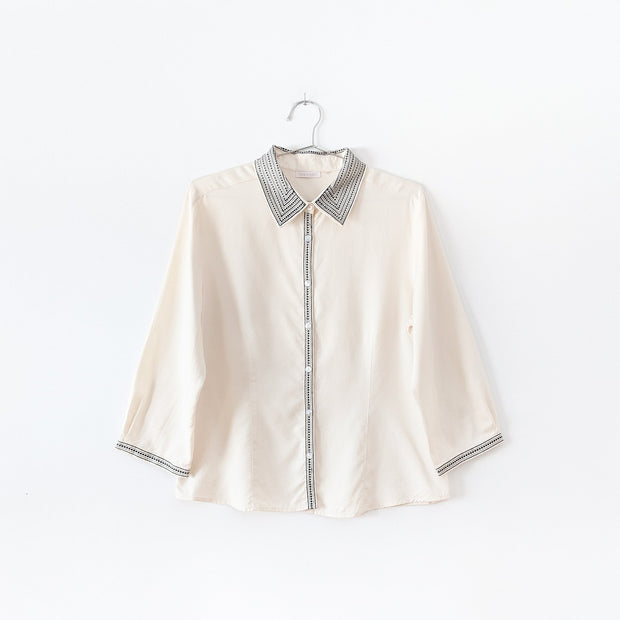 Vintage Lex-i-con Womens Button-up ¾ Sleeve Shirt. Cream with Black Embroidery at Collar, Cuffs and Front Button Opening.