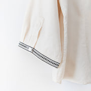 Vintage Lex-i-con Womens Button-up ¾ Sleeve Shirt. Cream with Black Embroidery at Cuff. One Button with Pleating. 