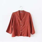 Two Star Dog Rust Orange/Red Button-up V-Neck Shirt, ¾ Sleeve, Mother of Pearl Buttons, Defined Waist, Hemp/Tencel.