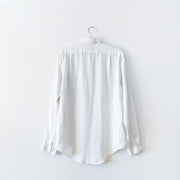 Back of White linen long sleeve button-up shirt.