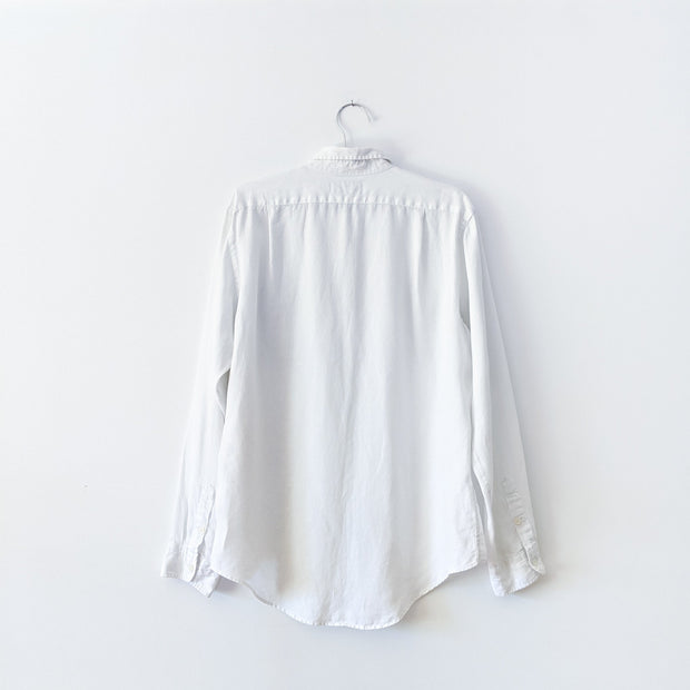 Back of White linen long sleeve button-up shirt.