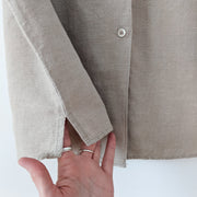 Vintage Cotton Ginny Button-up Long Sleeve Beige Linen/Cotton Shirt. Women’s Medium. Side Slit Close up.