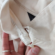 Vintage Mantles Petite Linen Button-up Long Sleeve Shirt, Pale Yellow/Cream. Hidden Button Under the Collar and Satin Facing.
