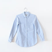 Light Blue and White Vertical Striped Classic Button-up Oxford Shirt with Long Sleeves. Talula, Boyfriend Fit, MWC48, XXS.