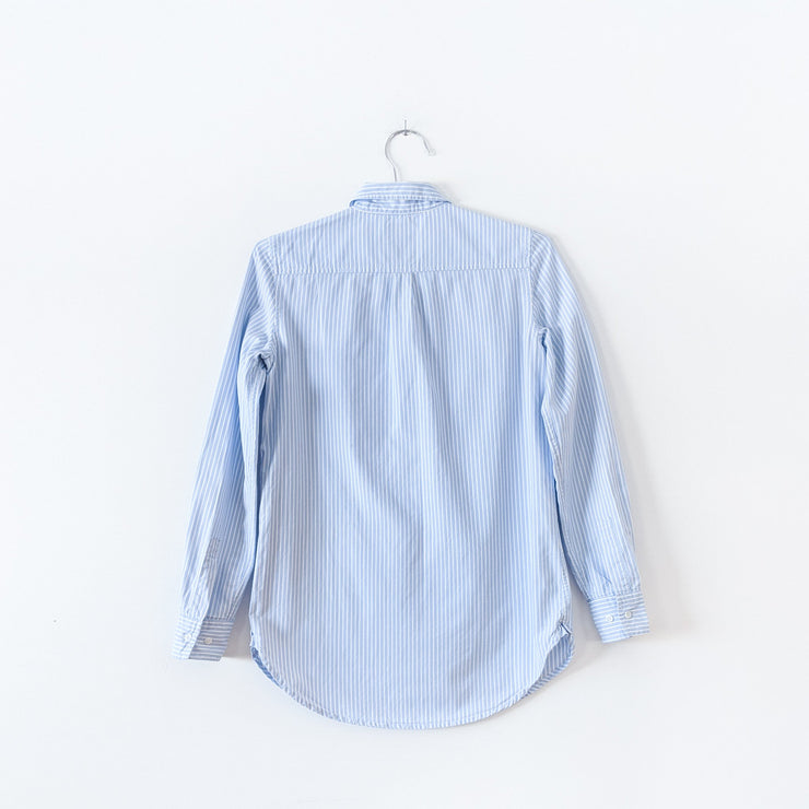 Light Blue and White Vertical Striped Classic Button-up Oxford Shirt Long Sleeve. Talula Boyfriend Fit MWC48. Back View.