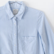 Collar and Pocket on Light Blue and White Vertical Striped Classic Button-up Oxford Shirt Long Sleeve. Talula, Boyfriend Fit.