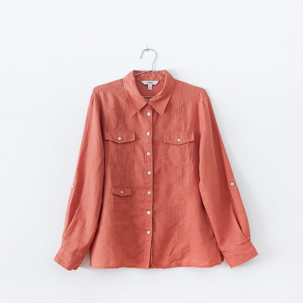 Light Rust Orange Linen Shirt with Roll-up Sleeves. Conrad C Collection, Size 12, Women’s. Three Front Pockets with Flaps.