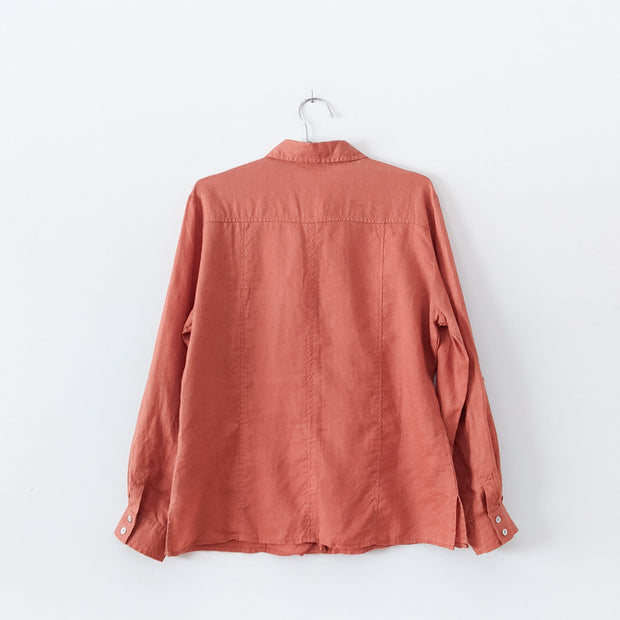 Light Rust Orange Linen Shirt with Roll-up Sleeves. Conrad C Collection, Size 12, Women’s. Fold and Fray.