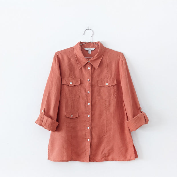 Light Rust Orange Linen Shirt with Rolled-up Sleeves. Conrad C Collection, Size 12, Women’s. Three Front Pockets with Flaps.        