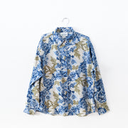Vintage Jessie Blue Floral Button-up Long Sleeve Shirt. Women’s XL. Blue Flowers, Green Leaves, Off-White Background. Collar.