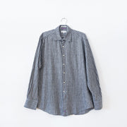 Linen and Cotton Button-up Long Sleeve Shirt in Dark Grey with Narrow White Vertical Stripes. Bill Blass Men’s Large.