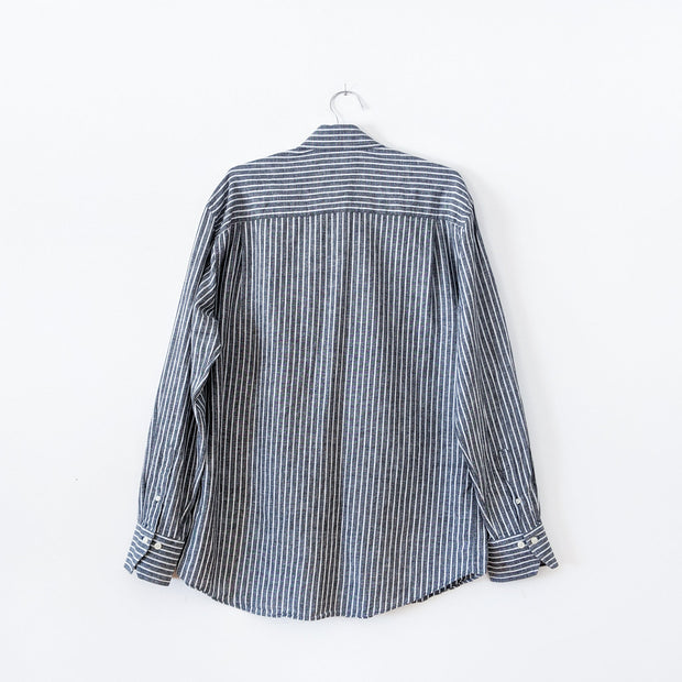 Linen and Cotton Button-up Long Sleeve Shirt in Dark Grey with Narrow White Vertical Stripes. Bill Blass Men’s Large. Back View.