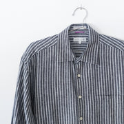 Linen and Cotton Button-up Long Sleeve Shirt. Dark Grey with Narrow White Vertical Stripes. Bill Blass Men’s Large. Close-up.