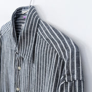 Close up of Linen and Cotton Fabric on Grey and White Vertical Stripe Button-up Long Sleeve Shirt. Bill Blass Mens Large.