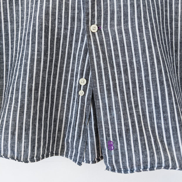 Close up of Two Extra Buttons, Embroidered Bill Blass Logo on Grey and White Stripe Button-up Long Sleeve Shirt. Mens Large.