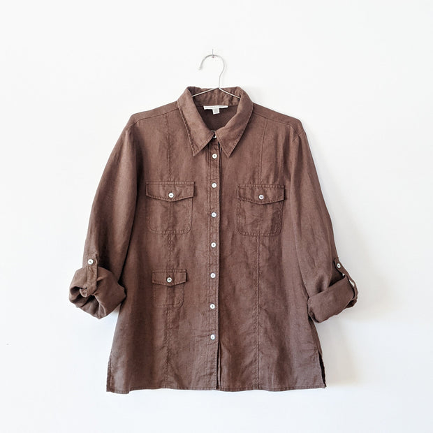 Brown Linen Button-up Long Sleeve Shirt with Rolled Sleeves. Vintage Concepts by Conrad C, Women’s 12, 100% Linen Shirt.