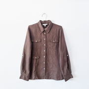 Button-up Long Sleeve Brown Linen Shirt, Three Pockets, Mother of Pearl Buttons, Vintage Concepts by Conrad C, Women’s 12.