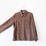 Button-up Long Sleeve Brown Linen Shirt, Arm Extended Showing Sleeve Width. Vintage Concepts by Conrad C, Women’s 12.