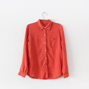 Rosy Orange Linen Button-up Long Sleeve Shirt. Ruby Rosa Women’s 8. One Pocket, Mother of Pearl Buttons. Fold and Fray.