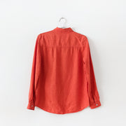 Rosy Orange Linen Button-up Long Sleeve Shirt. Ruby Rosa Women’s 8. Back View. Fold and Fray.